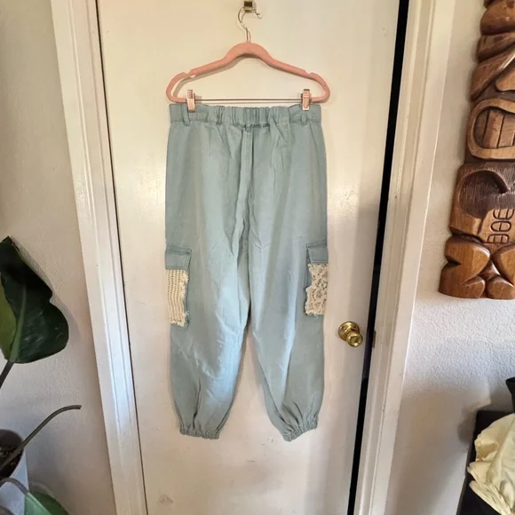 POL Dusty teal Distressed Cargo Pants with Lace Accents - Picture 14 of 15